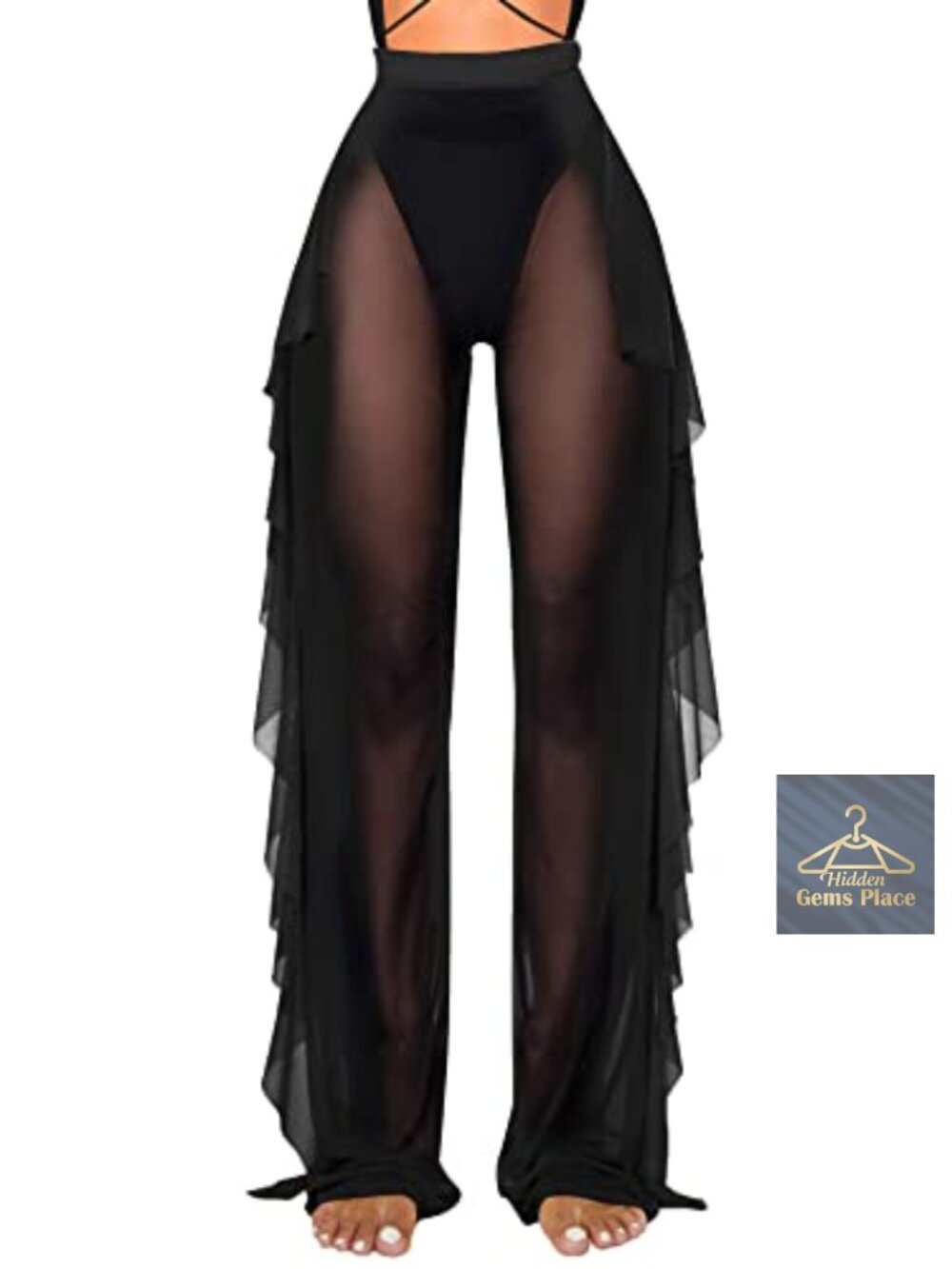 Sheer Mesh Swim Cover Up Pants High Waist Ruffle Beachwear